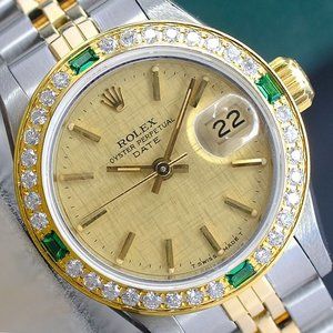 ROLEX LADIES DATEJUST TWO-TONE CHAMPAGNE LINEN DIAL DIAMOND BEZEL 26MM 69173